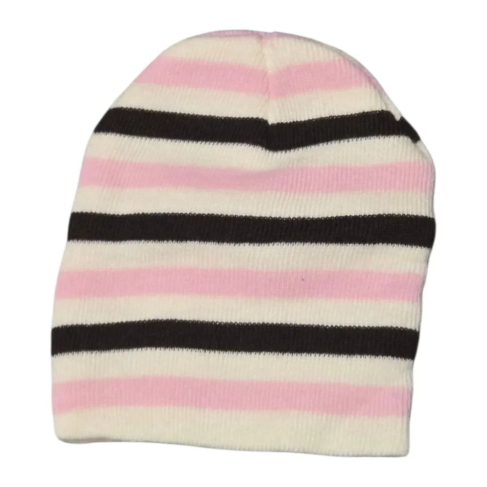 Toddler Girls Pink & Black Striped Winter Beanie | Cozy Lined Knit Hat One Size